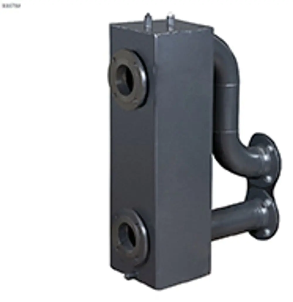 Hydraulische Weiche von Remeha in rechteckiger Form mit zwei Anschlussflanschen und einem gebogenen Rohr für die Verbindung im hydraulischen System.